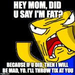 Roblox Noob | HEY MOM, DID U SAY I'M FAT? BECAUSE IF U DID, THEN I WILL BE MAD, YO. I'LL THROW TIX AT YOU | image tagged in roblox noob | made w/ Imgflip meme maker