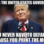Constipated Trump | THIS IS THE UNITED STATES GOVERNMENT. YOU NEVER HAVE TO DEFAULT, BECAUSE YOU PRINT THE MONEY. | image tagged in constipated trump | made w/ Imgflip meme maker