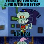 Bad Pun Squidward, Shout Out Too Raydog For The Idea! | WHAT DO YOU CALL A PIG WITH NO EYES? BLND PG! | image tagged in bad pun squidward,memes,bad pun,squidward,funny,raydog | made w/ Imgflip meme maker