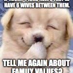 Smiling Puppy | IF TRUMP PICKS NEWT, THEY'LL HAVE 6 WIVES BETWEEN THEM. TELL ME AGAIN ABOUT FAMILY VALUES? | image tagged in smiling puppy | made w/ Imgflip meme maker