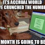 Dog with Glasses on Computer | IT'S ACCRUAL WORLD
      I'VE CRUNCHED THE NUMBERS; THIS MONTH IS GOING TO BE RUFF | image tagged in dog with glasses on computer | made w/ Imgflip meme maker