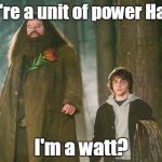 About time someone made this joke | You're a unit of power Harry. I'm a watt? | image tagged in hagrid,funny | made w/ Imgflip meme maker