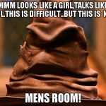 Sorting Hat | HMMM LOOKS LIKE A GIRL,TALKS LIKE A GIRL.THIS IS DIFFICULT..BUT THIS IS  N.C. MENS ROOM! | image tagged in sorting hat | made w/ Imgflip meme maker