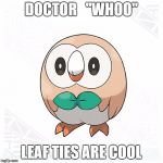 The Next Doctor!1!!!!11 | DOCTOR   ''WHOO"; LEAF TIES ARE COOL | image tagged in rowlet,pokemon,funny,memes,doctor who,original meme | made w/ Imgflip meme maker