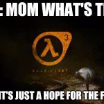 half life 3  | SON: MOM WHAT'S THAT; MOM: IT'S JUST A HOPE FOR THE FUTURE | image tagged in half life 3 | made w/ Imgflip meme maker