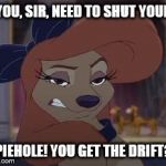 You, Sir, Need To Shut Your Piehole! You Get the drift? | YOU, SIR, NEED TO SHUT YOUR PIEHOLE! YOU GET THE DRIFT? | image tagged in dixie means business,memes,the fox and the hound 2,reba mcentire,dog | made w/ Imgflip meme maker
