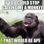 Angry Supervisor Monkey | IF YOU COULD STOP CALLING ME A MONKEY; THAT WOULD BE APE | image tagged in angry supervisor monkey | made w/ Imgflip meme maker