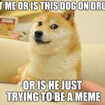 dodge | IS IT ME OR IS THIS DOG ON DRUGS; OR IS HE JUST TRYING TO BE A MEME | image tagged in dodge | made w/ Imgflip meme maker