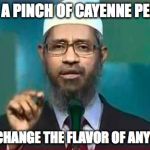 Naik | JUST A PINCH OF CAYENNE PEPPER; CAN CHANGE THE FLAVOR OF ANY DISH | image tagged in naik | made w/ Imgflip meme maker