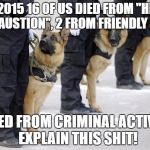 police dogs | IN 2015 16 OF US DIED FROM "HEAT EXHAUSTION", 2 FROM FRIENDLY FIRE, 8 DIED FROM CRIMINAL ACTIVITY. 
EXPLAIN THIS SHIT! | image tagged in police dogs | made w/ Imgflip meme maker