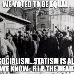 auschwitz | WE VOTED TO BE EQUAL . SOCIALISM...STATISM IS ALL WE KNOW. 
R.I.P THE DEAD. | image tagged in auschwitz | made w/ Imgflip meme maker