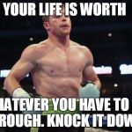 Canelo | YOUR LIFE IS WORTH; WHATEVER YOU HAVE TO GO THROUGH. KNOCK IT DOWN ! | image tagged in canelo | made w/ Imgflip meme maker