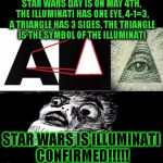 Illuminati face shock | STAR WARS DAY IS ON MAY 4TH, THE ILLUMINATI HAS ONE EYE, 4-1=3, A TRIANGLE HAS 3 SIDES, THE TRIANGLE IS THE SYMBOL OF THE ILLUMINATI; STAR WARS IS ILLUMINATI CONFIRMED!!!!! | image tagged in illuminati face shock | made w/ Imgflip meme maker