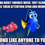 Disney confirmed! | IF AN ADULT SMOKES WEED, THEY SLOWLY LOSE THEIR ATTENTION SPAN AND MEMORY. SOUND LIKE ANYONE TO YOU? | image tagged in disney confirmed | made w/ Imgflip meme maker