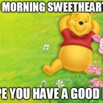 winnie | GOOD MORNING SWEETHEART.......... HOPE YOU HAVE A GOOD DAY | image tagged in winnie | made w/ Imgflip meme maker