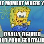SpongeBob Touch Myself | THAT MOMENT WHERE YOU; FINALLY FIGURED OUT YOUR GENITALIA | image tagged in spongebob touch myself | made w/ Imgflip meme maker