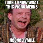 I don't think it means what you think it means | I DON'T KNOW WHAT THIS WORD MEANS; INCONCEIVABLE | image tagged in inconceivable | made w/ Imgflip meme maker