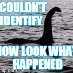 lochmess | I COULDN'T IDENTIFY; NOW LOOK WHAT HAPPENED | image tagged in loch ness monster,memes | made w/ Imgflip meme maker