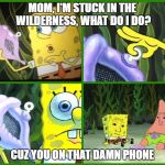 spongebob magic conch | MOM, I'M STUCK IN THE WILDERNESS, WHAT DO I DO? CUZ YOU ON THAT DAMN PHONE | image tagged in spongebob magic conch | made w/ Imgflip meme maker