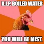 Anti-Joke Chicken | R.I.P. BOILED WATER; YOU WILL BE MIST. | image tagged in anti-joke chicken | made w/ Imgflip meme maker