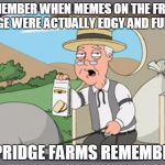 Where have all the edgy funny memes gone? | REMEMBER WHEN MEMES ON THE FRONT PAGE WERE ACTUALLY EDGY AND FUNNY; PEPRIDGE FARMS REMEMBERS | image tagged in pepridge farm rembers,funny,memes,wtf | made w/ Imgflip meme maker
