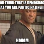 Morpheus | YOU THINK THAT IS DEMOCRACY THAT YOU ARE PARTICIPATING IN? HMMM | image tagged in morpheus | made w/ Imgflip meme maker