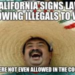 Juan Mexican Man | CALIFORNIA SIGNS LAW ALLOWING ILLEGALS TO VOTE; AND THERE NOT EVEN ALLOWED IN THE COUNTRY | image tagged in juan mexican man | made w/ Imgflip meme maker