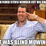 Bundy For President | I WATCHED STEVIE WONDER CUT HIS GRASS; IT WAS BLIND MOWING | image tagged in pun | made w/ Imgflip meme maker