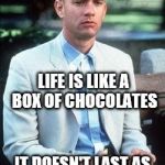 Forest gump | LIFE IS LIKE A BOX OF CHOCOLATES; IT DOESN'T LAST AS LONG FOR FAT PEOPLE | image tagged in forest gump | made w/ Imgflip meme maker