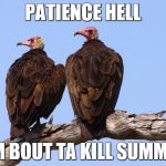 Vultures | PATIENCE HELL; I'M BOUT TA KILL SUMMIN | image tagged in vultures | made w/ Imgflip meme maker