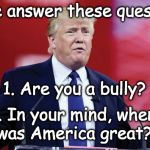 trump-question | Can he answer these questions? 1. Are you a bully? 2. In your mind, when; was America great? | image tagged in trump-question | made w/ Imgflip meme maker