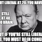 winston churchill | IF YOU'RE NOT LIBERAL AT 20, YOU HAVE NO HEART. IF YOU'RE STILL A LIBERAL AT 40, YOU HAVE NO BRAIN. BUT IF YOU'RE STILL LIBERAL AT 50, YOU MUST BE IN CONGRESS. | image tagged in winston churchill | made w/ Imgflip meme maker
