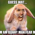 bunny nick cage faceswap | GUESS WAT.... I'M AM BUNNY MAN FEAR ME | image tagged in bunny nick cage faceswap | made w/ Imgflip meme maker