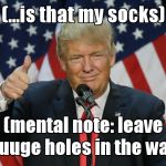 (...is that my socks); (mental note: leave yuuuge holes in the wall) | image tagged in trump,wall,cheap labor | made w/ Imgflip meme maker