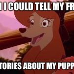 My Puppyhood | I WISH I COULD TELL MY FRIENDS; SOME STORIES ABOUT MY PUPPYHOOD! | image tagged in dixie smiling,memes,disney,the fox and the hound 2,reba mcentire,dog | made w/ Imgflip meme maker