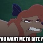 Do You Want Me To Bite You? | DO YOU WANT ME TO BITE YOU? | image tagged in dixie annoyed,memes,disney,the fox and the hound 2,reba mcentire,dog | made w/ Imgflip meme maker