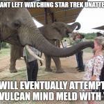 Elephant Mind Meld | ELEPHANT LEFT WATCHING STAR TREK UNATTENDED; WILL EVENTUALLY ATTEMPT TO VULCAN MIND MELD WITH YOU | image tagged in vulcan,mind meld,star trek,elephant,trekie,funny | made w/ Imgflip meme maker
