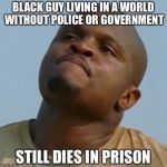 sad t-dog | BLACK GUY LIVING IN A WORLD WITHOUT POLICE OR GOVERNMENT; STILL DIES IN PRISON | image tagged in sad t-dog | made w/ Imgflip meme maker