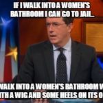 Speechless Colbert Face Meme | IF I WALK INTO A WOMEN'S BATHROOM I CAN GO TO JAIL.. IF I WALK INTO A WOMEN'S BATHROOM WITH A WITH A WIG AND SOME HEELS ON ITS OKAY.. | image tagged in memes,speechless colbert face | made w/ Imgflip meme maker