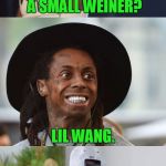 Bad Pun Lil Wayne | WHAT YOU CALL A RAPPER WITH A SMALL WEINER? LIL WANG. | image tagged in bad pun lil wayne,memes,lil wayne,bad pun,funny,wang | made w/ Imgflip meme maker