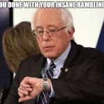 Bernie Look At The Time | ARE YOU DONE WITH YOUR INSANE RAMBLING YET? | image tagged in bernie look at the time | made w/ Imgflip meme maker