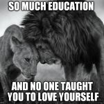 lion_lioness | SO MUCH EDUCATION; AND NO ONE TAUGHT YOU TO LOVE YOURSELF | image tagged in lion_lioness | made w/ Imgflip meme maker