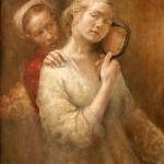 Helene Knoop (b. 1979, Norway) woman holding mirror woman behind