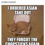 Raw Asian Food | I ORDERED ASIAN TAKE OUT; THEY FORGOT THE CHOPSTICKS AGAIN. | image tagged in raw asian food | made w/ Imgflip meme maker
