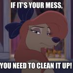 If It's Your Mess, You Need To Clean It Up! | IF IT'S YOUR MESS, YOU NEED TO CLEAN IT UP! | image tagged in dixie serious,memes,disney,the fox and the hound 2,reba mcentire,dog | made w/ Imgflip meme maker