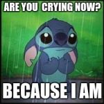 Stitch in the rain | ARE YOU  CRYING NOW? BECAUSE I AM | image tagged in stitch in the rain | made w/ Imgflip meme maker