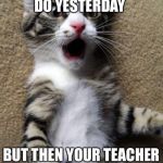 OMGCat | SO ALEX WAS DO YESTERDAY; BUT THEN YOUR TEACHER SAYS YOUR GOOD | image tagged in omgcat | made w/ Imgflip meme maker