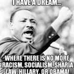 I have a dream | I HAVE A DREAM... WHERE THERE IS NO MORE RACISM, SOCIALISM, SHARIA LAW, HILLARY, OR OBAMA! | image tagged in martin luther king jr | made w/ Imgflip meme maker