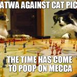 CATSTRATEGY AGAINST FATWAS | A FATWA AGAINST CAT PICS? THE TIME HAS COME TO POOP ON MECCA | image tagged in imperialism cats,islam,muslims,middle east | made w/ Imgflip meme maker