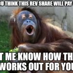 funnymonkey | SO YOU THINK THIS REV SHARE WILL PAY OUT? LET ME KNOW HOW THAT WORKS OUT FOR YOU | image tagged in funnymonkey | made w/ Imgflip meme maker